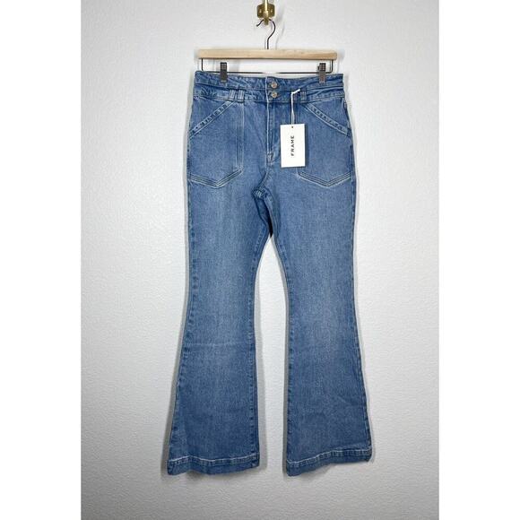 Frame Double Button Pocket Flare Jean Size 32 Caye Wash Retro New $278 - Picture 1 of 6